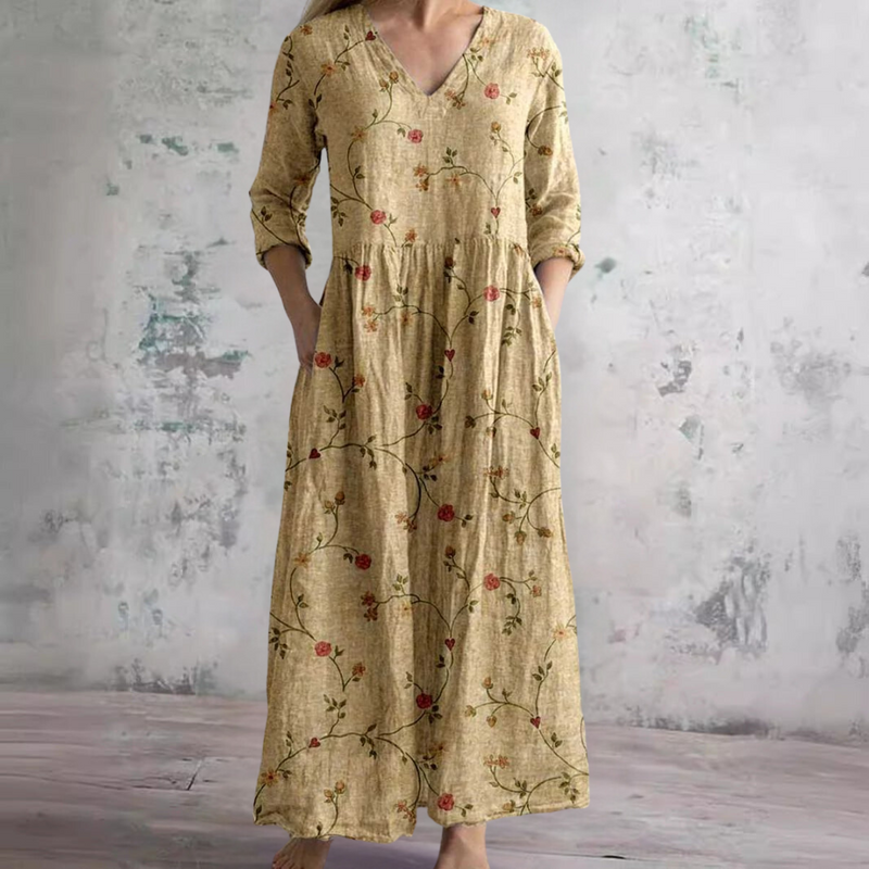 Ditsy Floral V-Neck Half Sleeve Pocket Maxi Dress