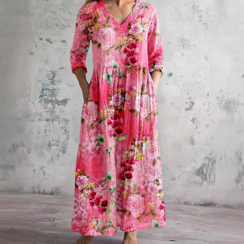 Rose Floral Print V-Neck Long Sleeve Tiered Maxi Dress