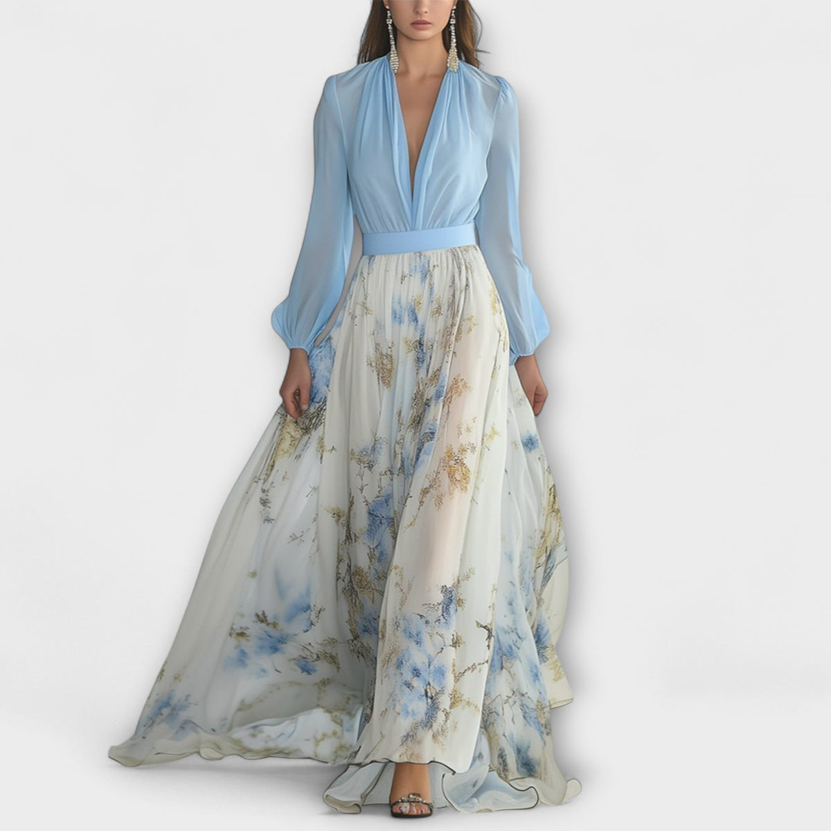 Deep V-Neck Long Sleeve Floral Skirt Maxi Gown
