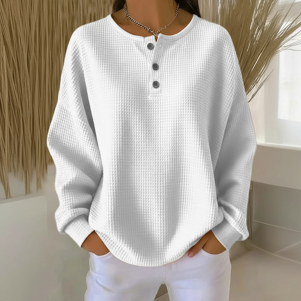 Waffle Knit Crew Neck Button Placket Long Sleeve Sweatshirt 2