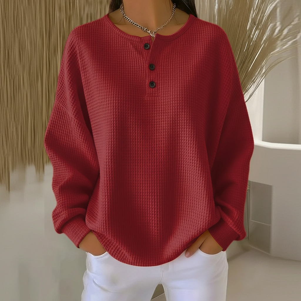 Waffle Knit Crew Neck Button Placket Long Sleeve Sweatshirt 3