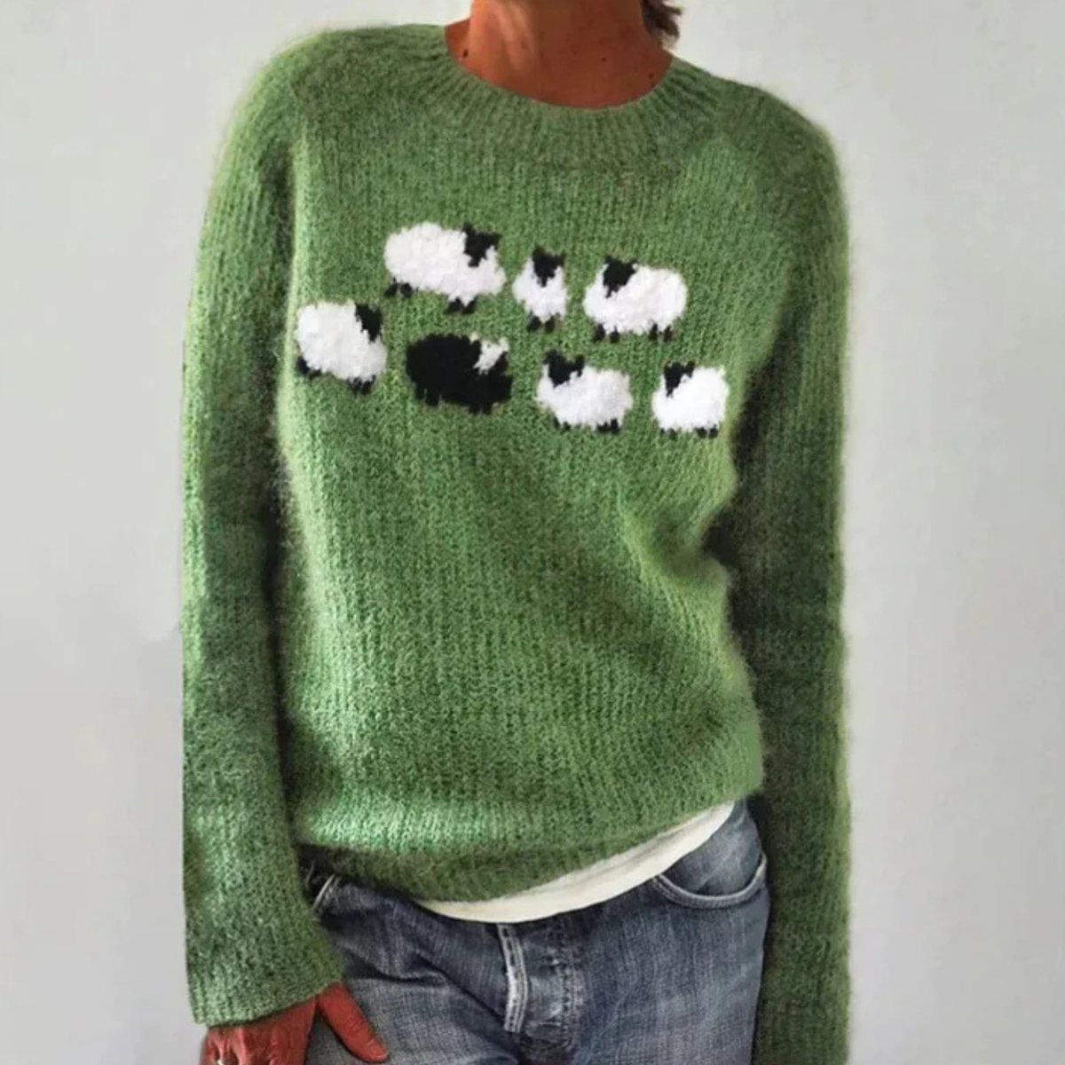 Sheep Print Crew Neck Long Sleeve Knit Sweater