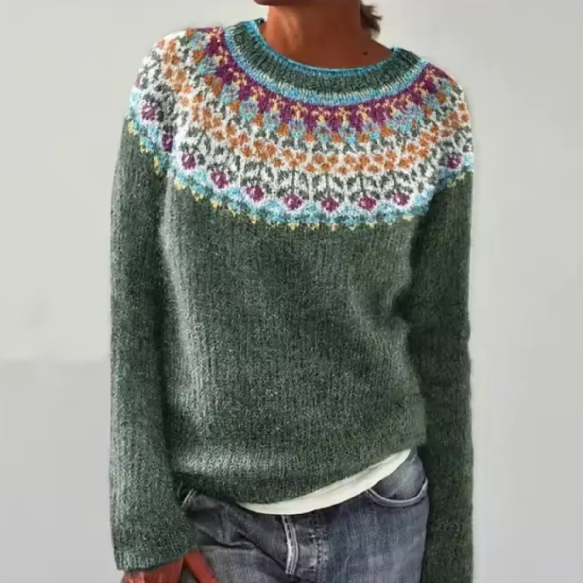 Crew Neck Fair Isle Knit Sweater