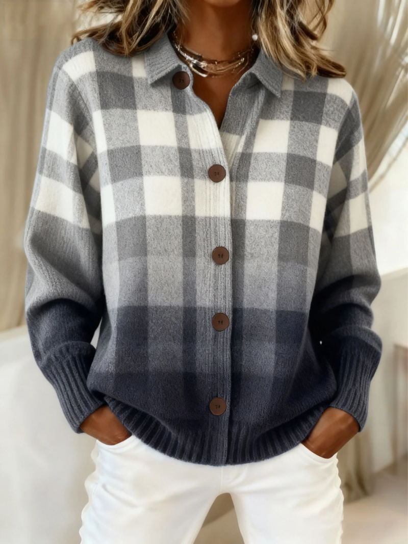 Plaid Collared Button Front Long Sleeve Cardigan