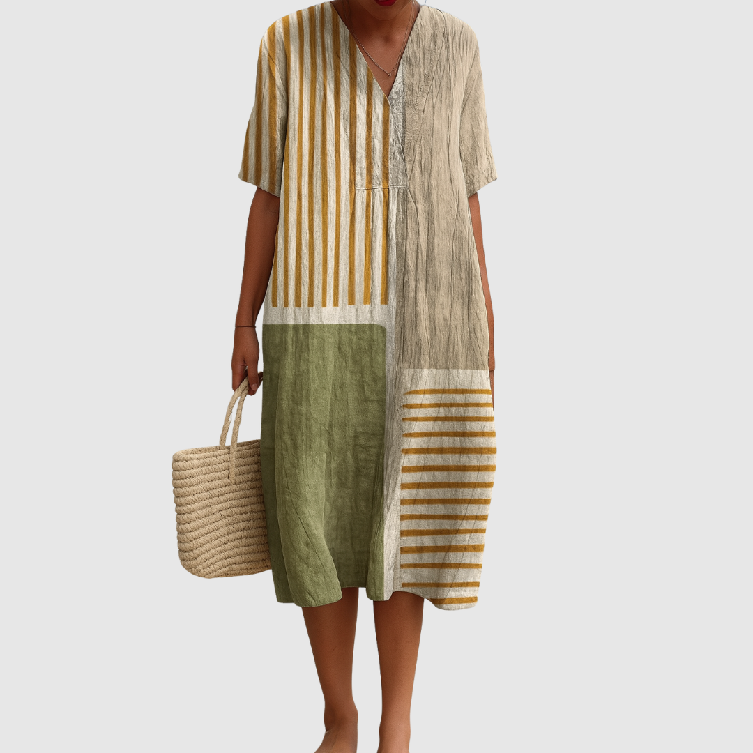 Striped Colorblock V-Neck Short Sleeve Shift Midi Dress 2