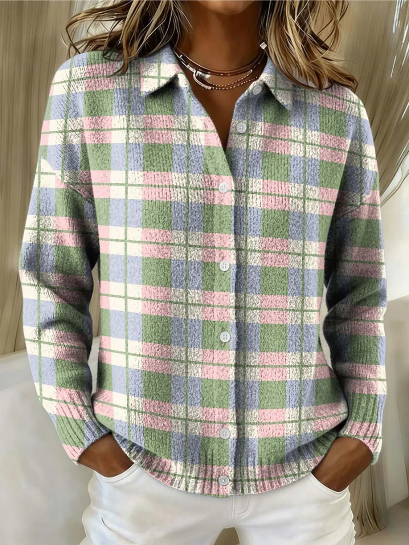 Pastel Plaid Collared Long Sleeve Knit Shirt