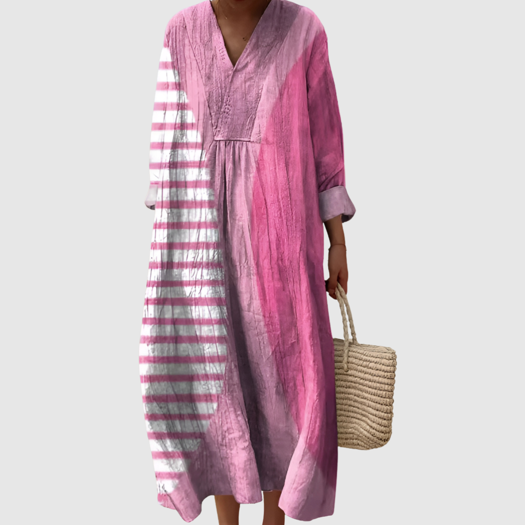 Striped Contrast V-Neck Long Sleeve Maxi Dress 2