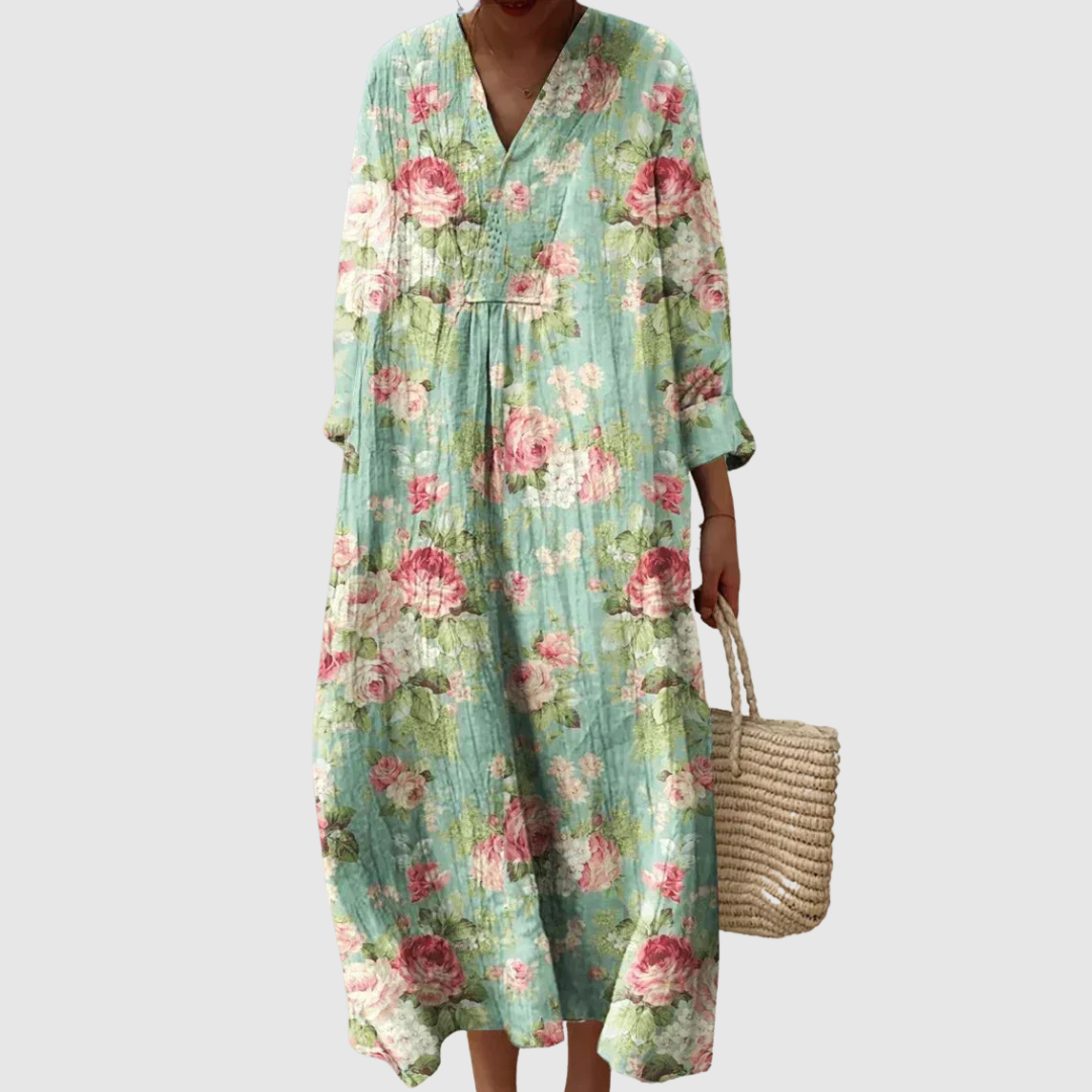 Rose Floral V-Neck Long Sleeve Pintuck Maxi Dress 2