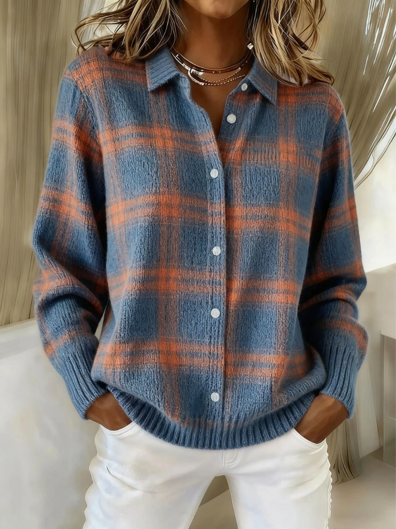Plaid Collared Button Front Long Sleeve Knit Shirt