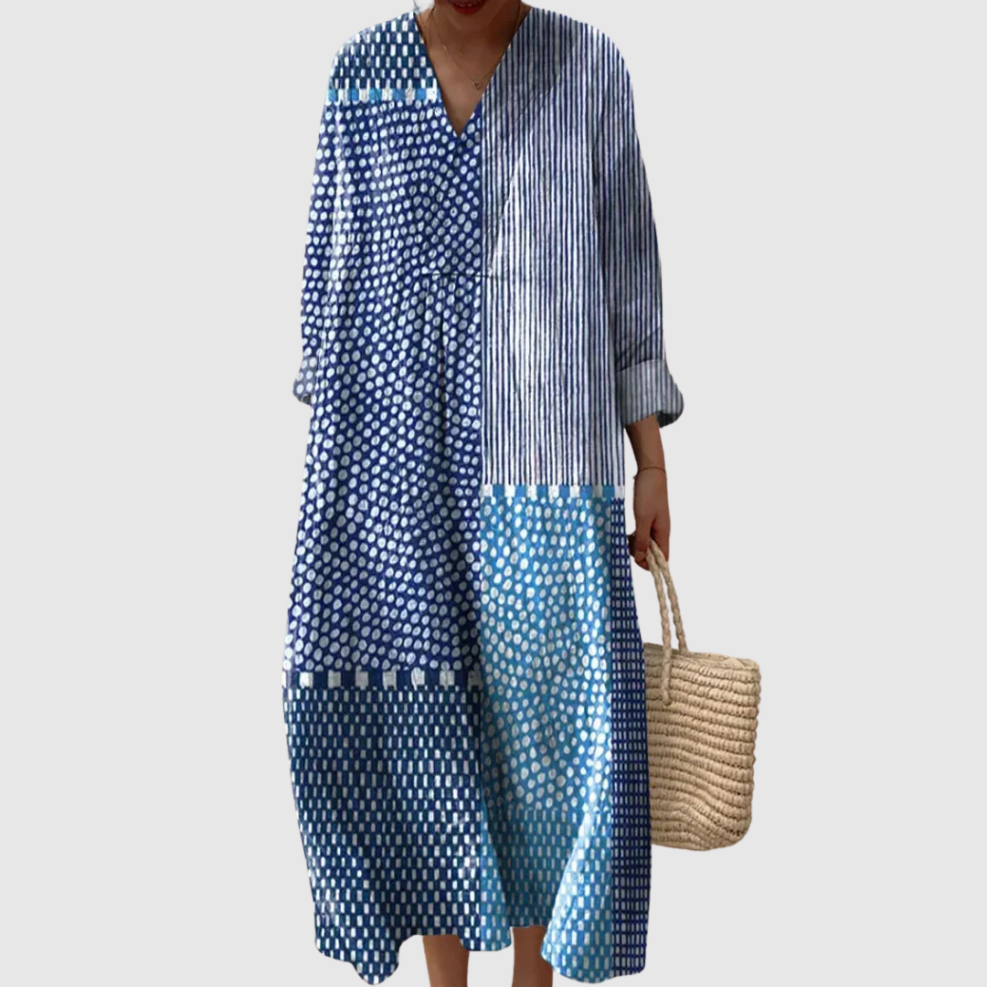 Polka Dot Stripe Patchwork V-Neck Long Sleeve Maxi Dress 2