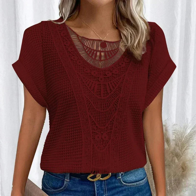 Crochet Lace Panel Short Sleeve Knit Top 9