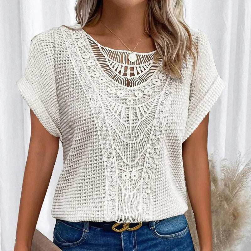 Crochet Lace Panel Waffle Knit Short Sleeve Top 9
