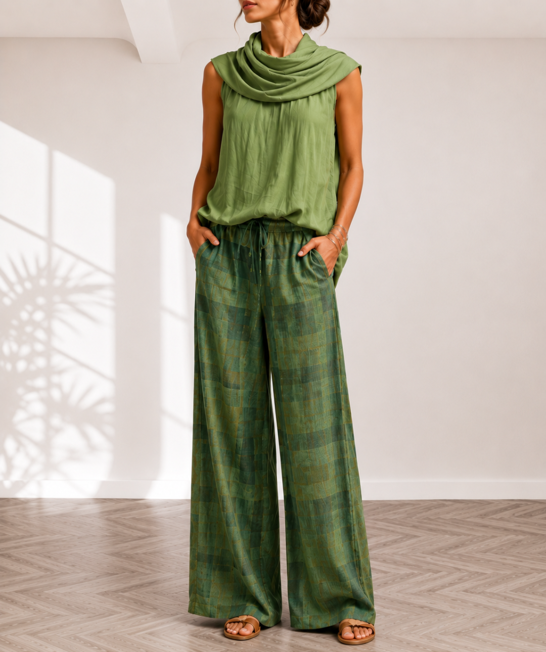 Cowl Neck Sleeveless Top and Print Wide Leg Pants Two Piece Set