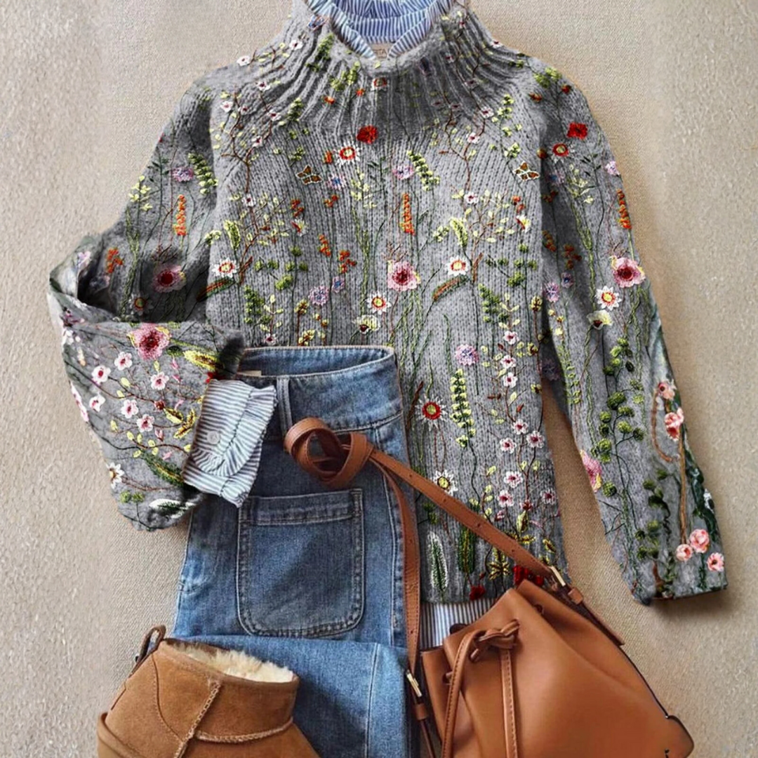 Floral Embroidered Turtleneck Knit Sweater 2