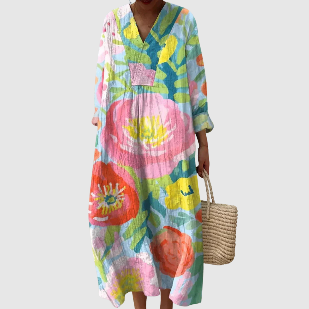 Floral Print V-Neck Long Sleeve Maxi Beach Dress 2