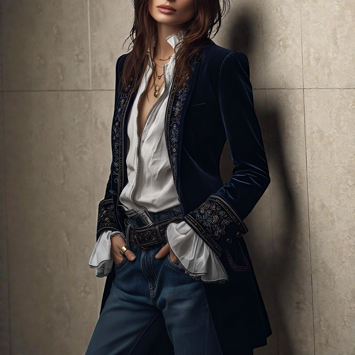 Embroidered Longline Velvet Look Blazer 7