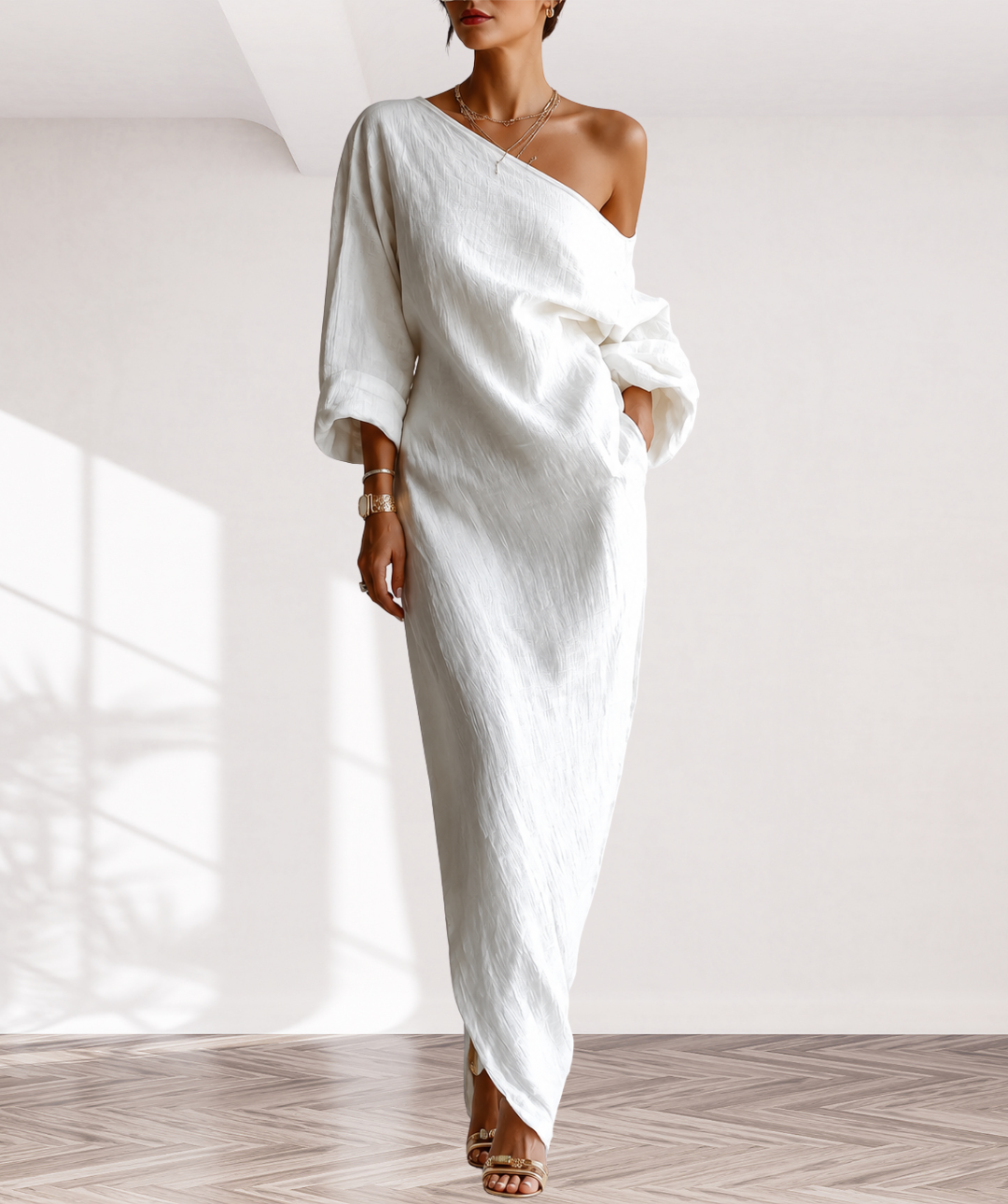 One Shoulder Long Sleeve Satin Maxi Dress 2