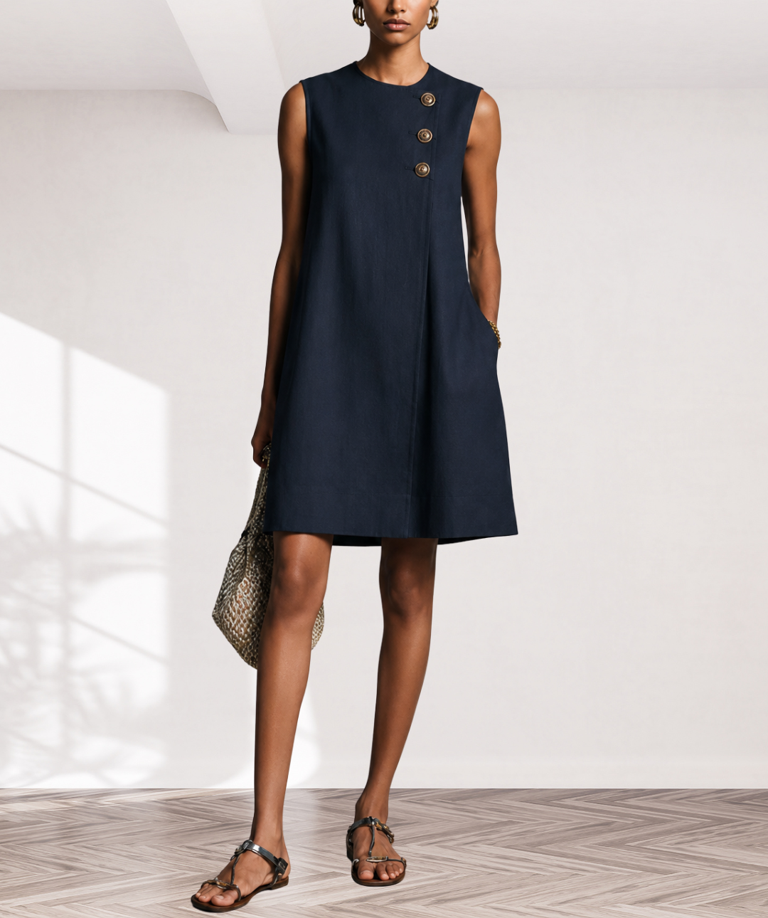 Crew Neck Sleeveless Side Button Shift Mini Dress 2