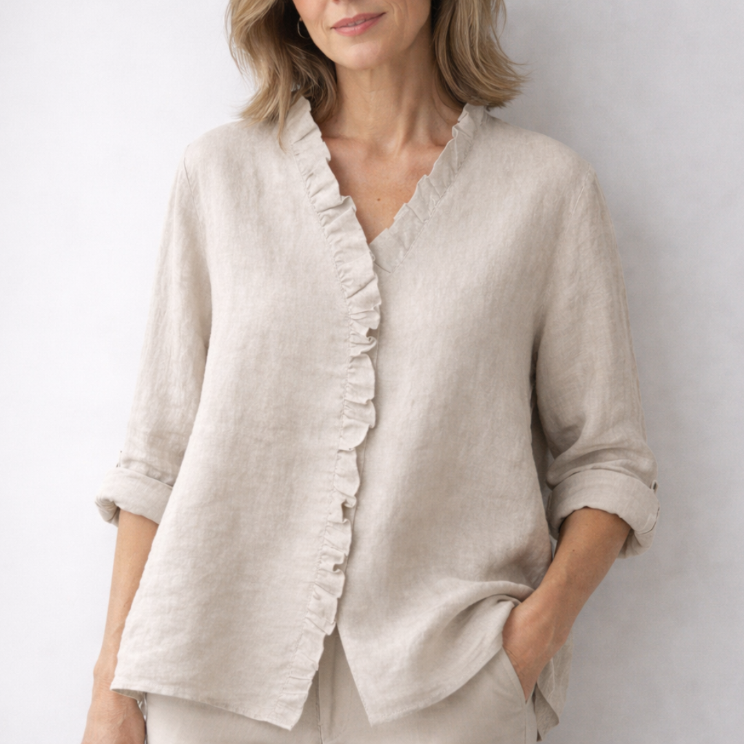V-Neck Ruffle Placket Roll Sleeve Linen Shirt 2