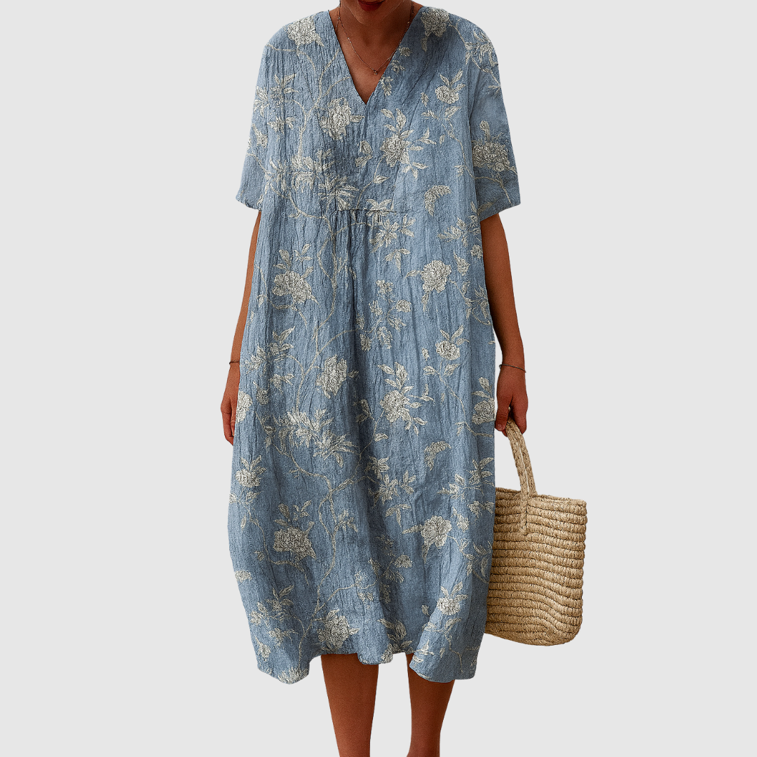 Floral Print V-Neck Short Sleeve Midi Dress 2