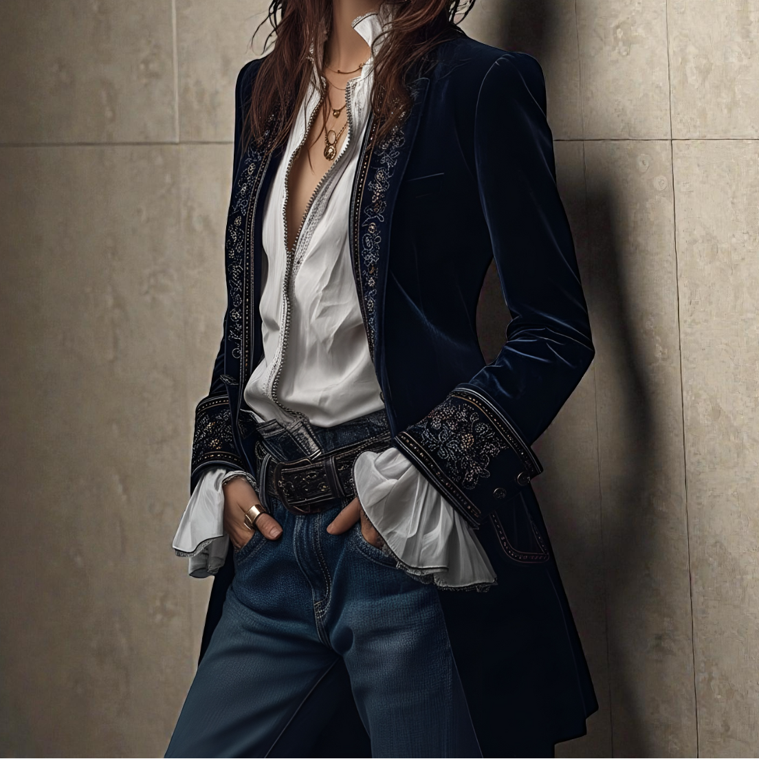 Floral Embroidered Velvet Longline Blazer 7