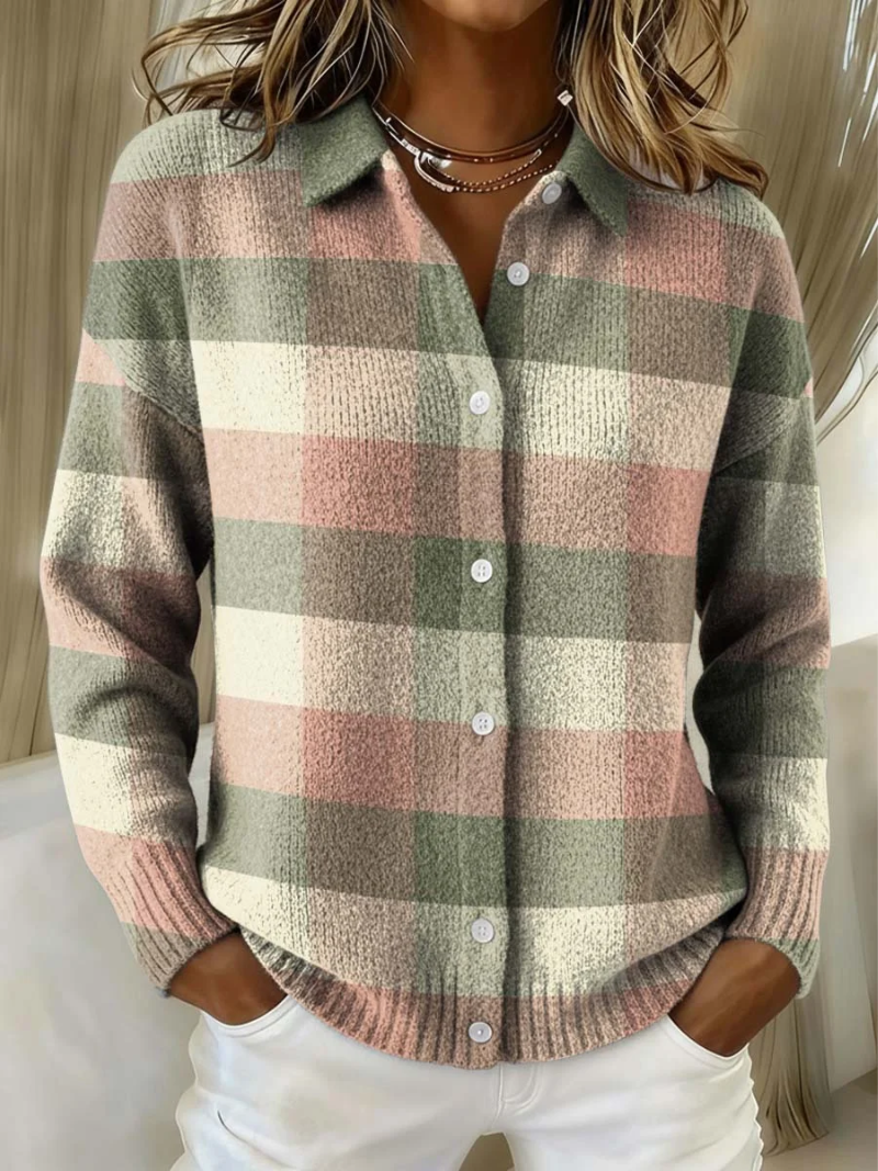 Plaid Collared Button Front Long Sleeve Knit Cardigan