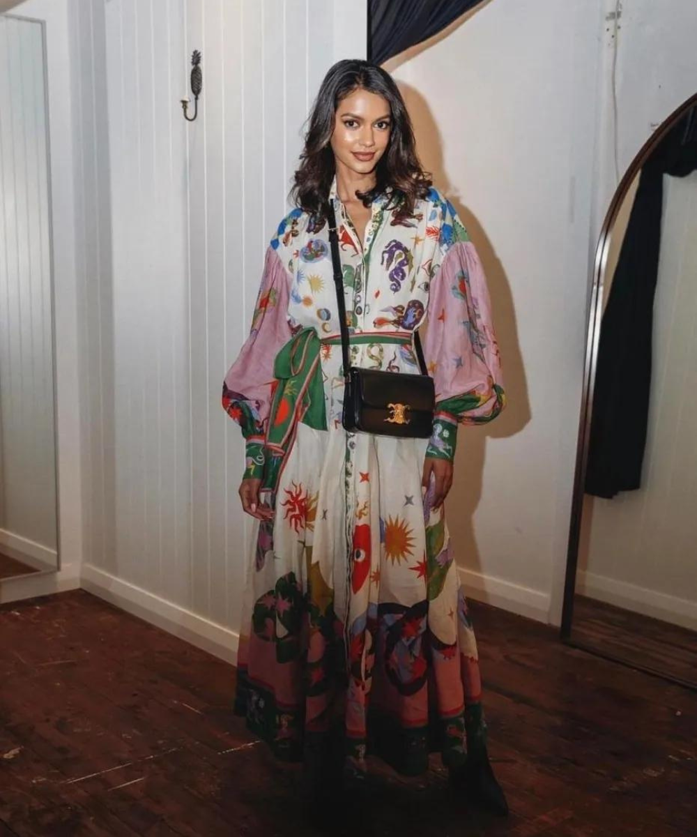 Balloon Sleeve Button Front Belted Eclectic Print Maxi Shirt Dress - View 7