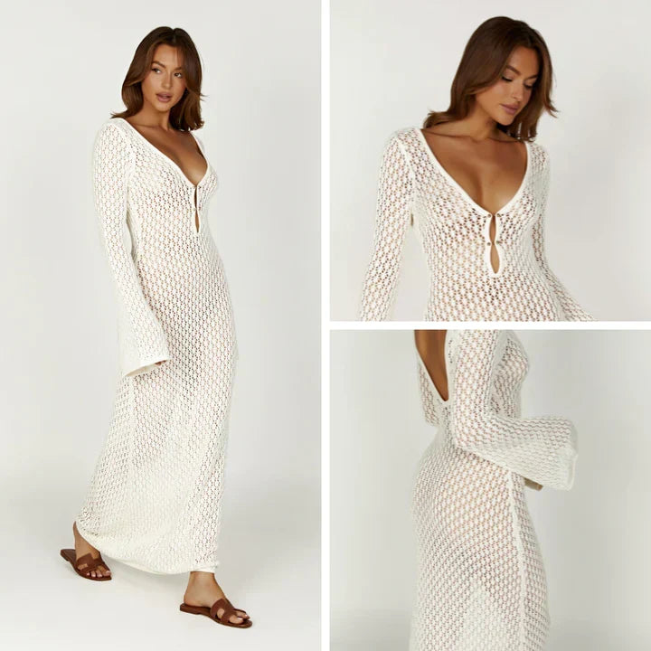 Open Knit Crochet Deep V-Neck Keyhole Bell Sleeve Bodycon Maxi Dress - View 2