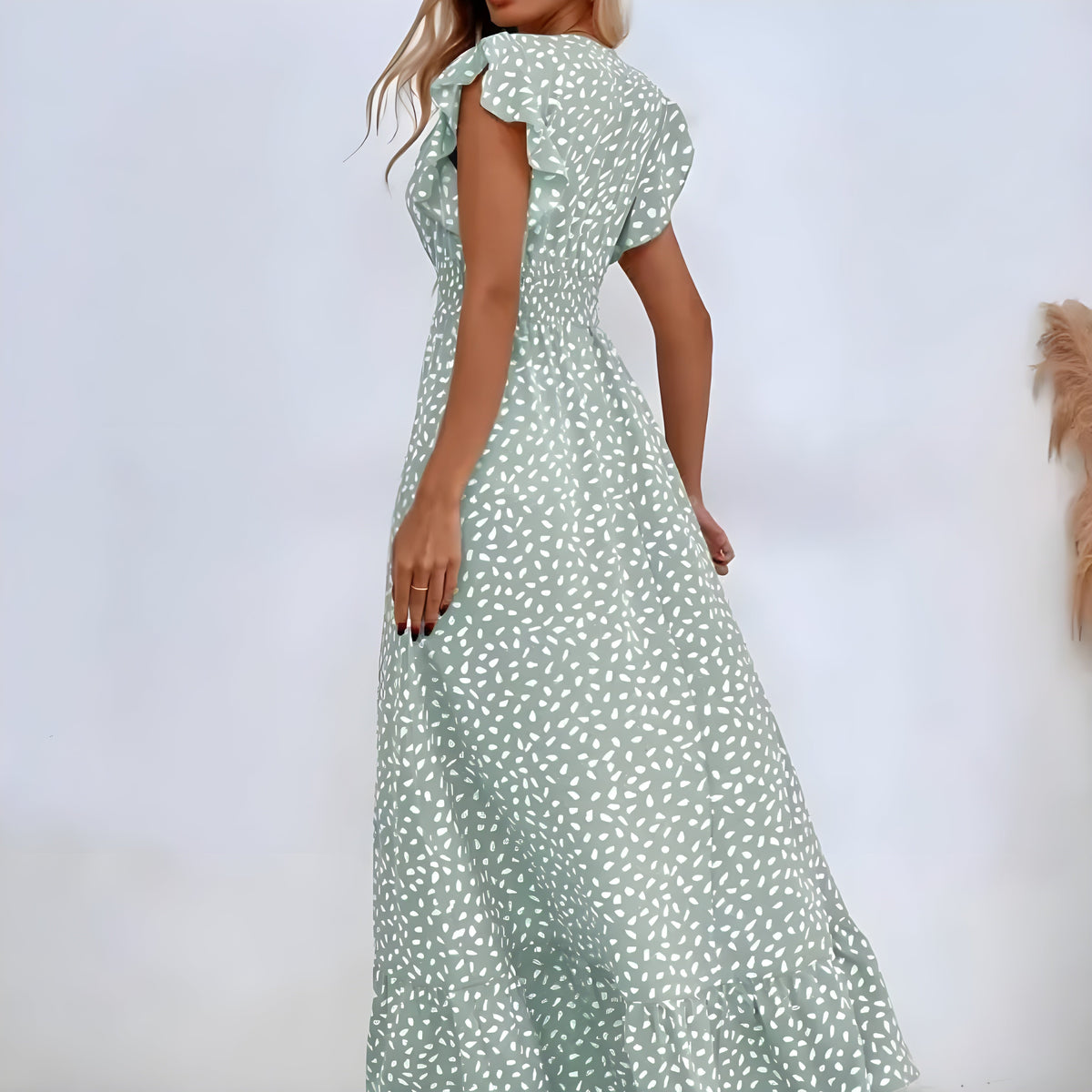 V-Neck Flutter Sleeve Smocked Waist Spotted Print Maxi Dress 9