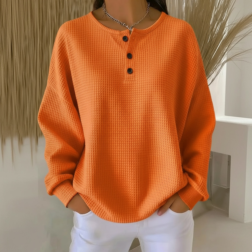 Crew Neck Waffle Knit Button Henley Sweatshirt 6