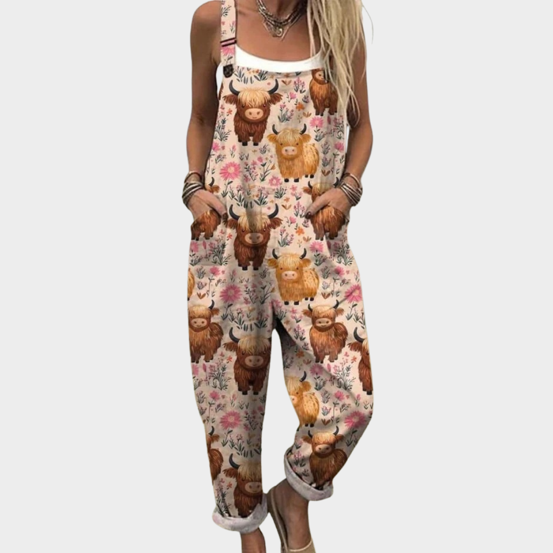 Highland Cow Floral Print Sleeveless Overall Jumpsuit