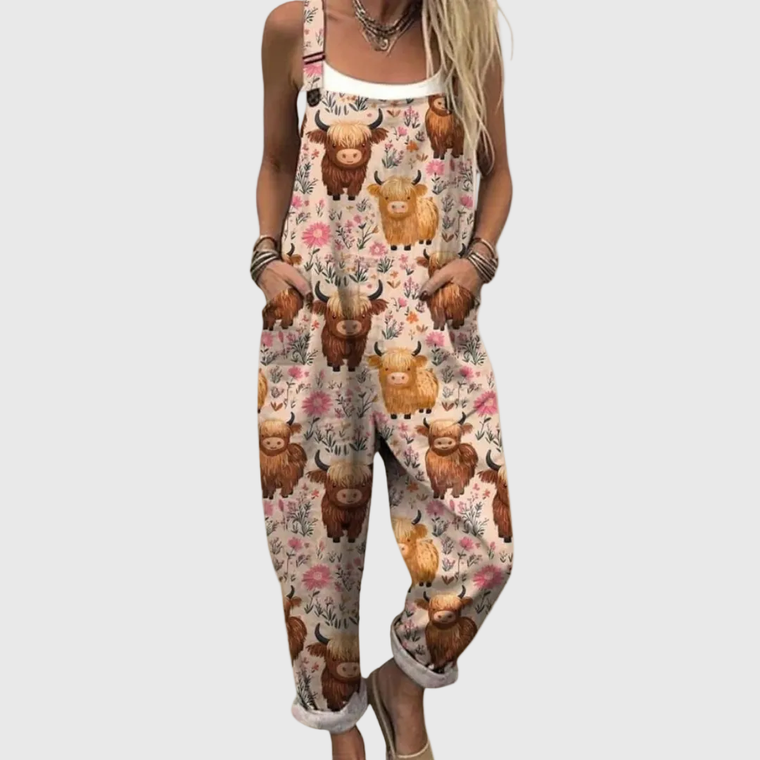 Highland Cow Floral Adjustable Strap Overall Jumpsuit