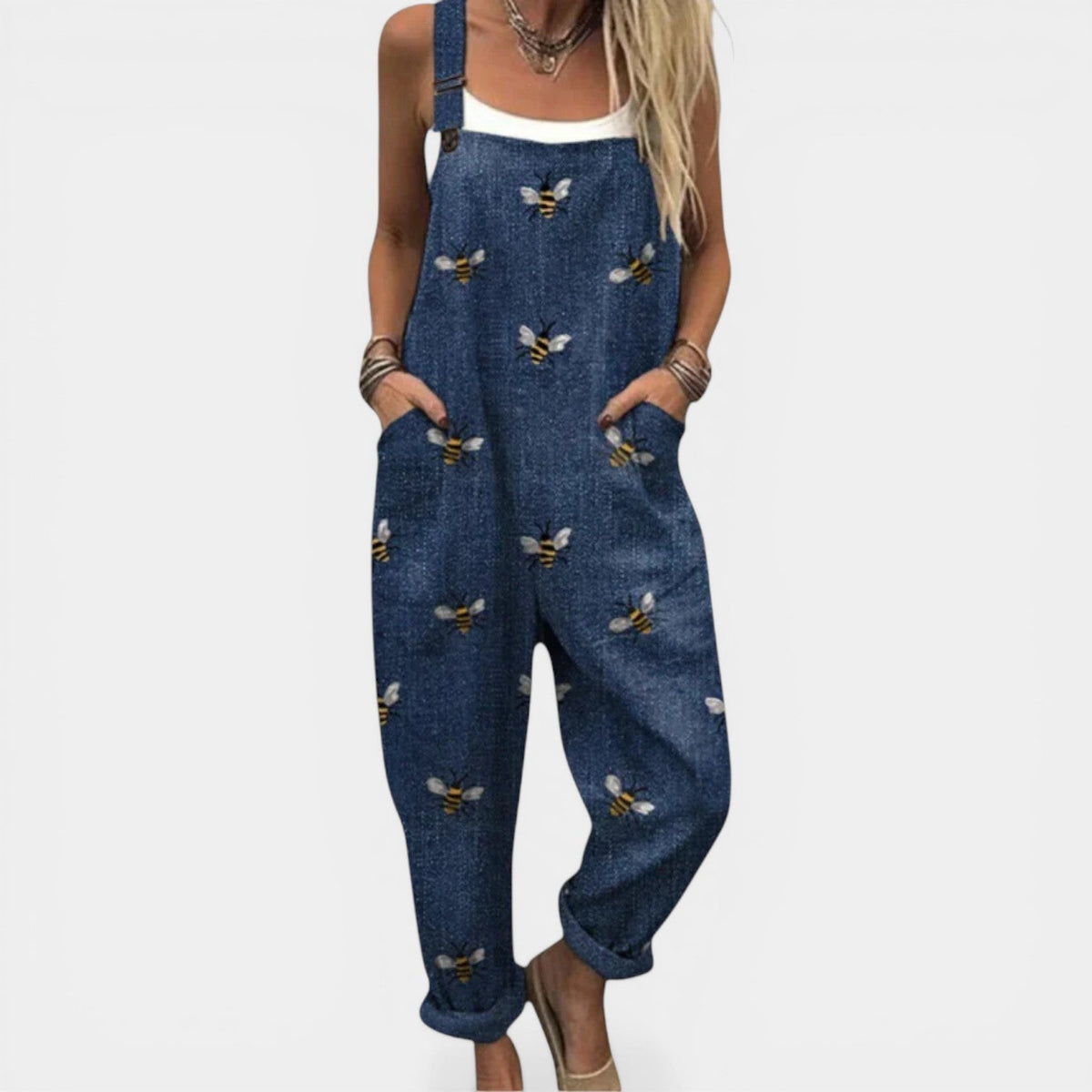 Bee Print Denim Look Sleeveless Pocket Overall Jumpsuit