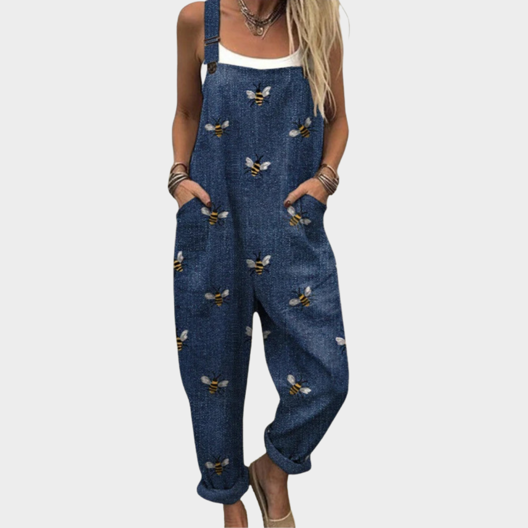 Bee Print Denim Look Sleeveless Cuffed Overall Jumpsuit