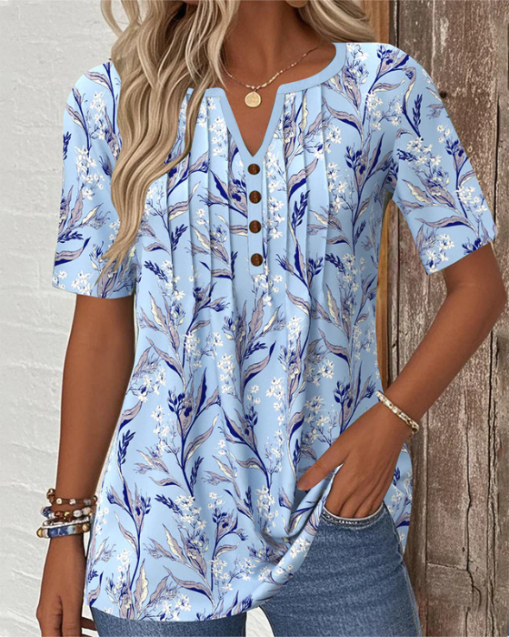 Floral Print Notch Neck Button Pleated Short Sleeve Tunic Top 2