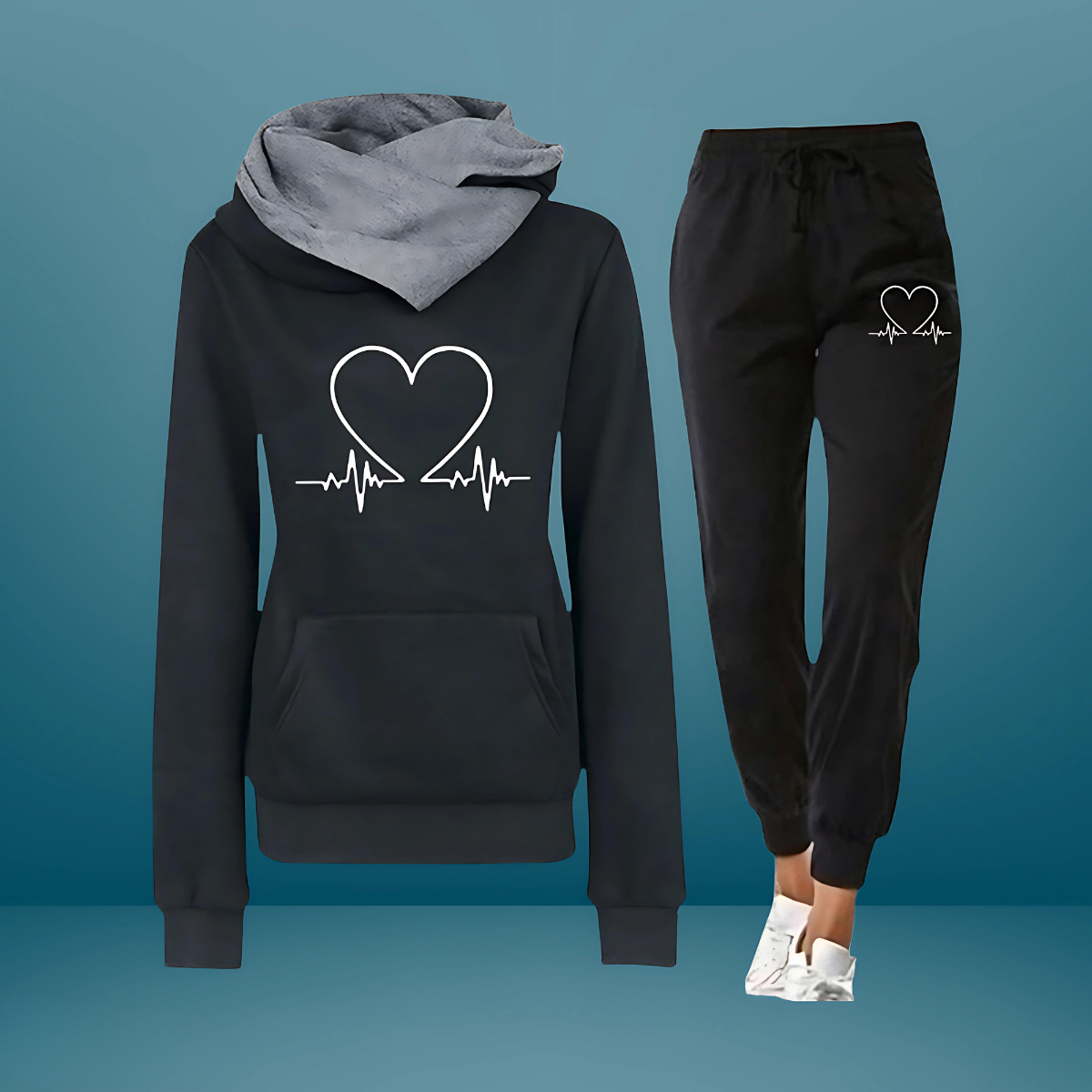 Heartbeat Print Hooded Sweatshirt and Joggers Two Piece Set 3