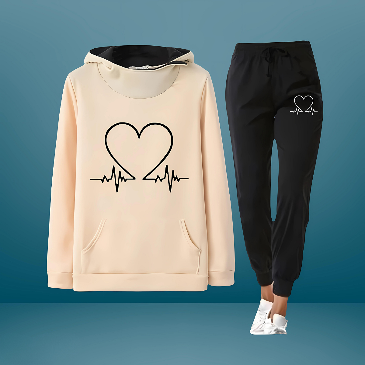 Heartbeat Print Hooded Sweatshirt and Joggers Two Piece Set 4