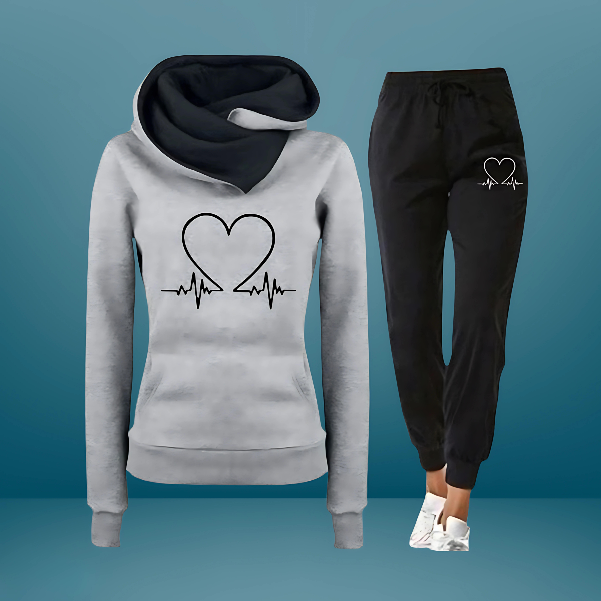 Heartbeat Print Hooded Sweatshirt and Joggers Two Piece Set 5