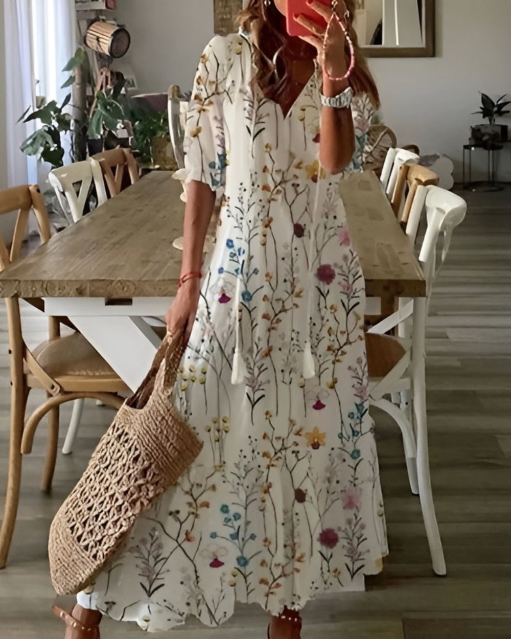 Ikat Print V-Neck Puff Sleeve Tiered Maxi Dress 7