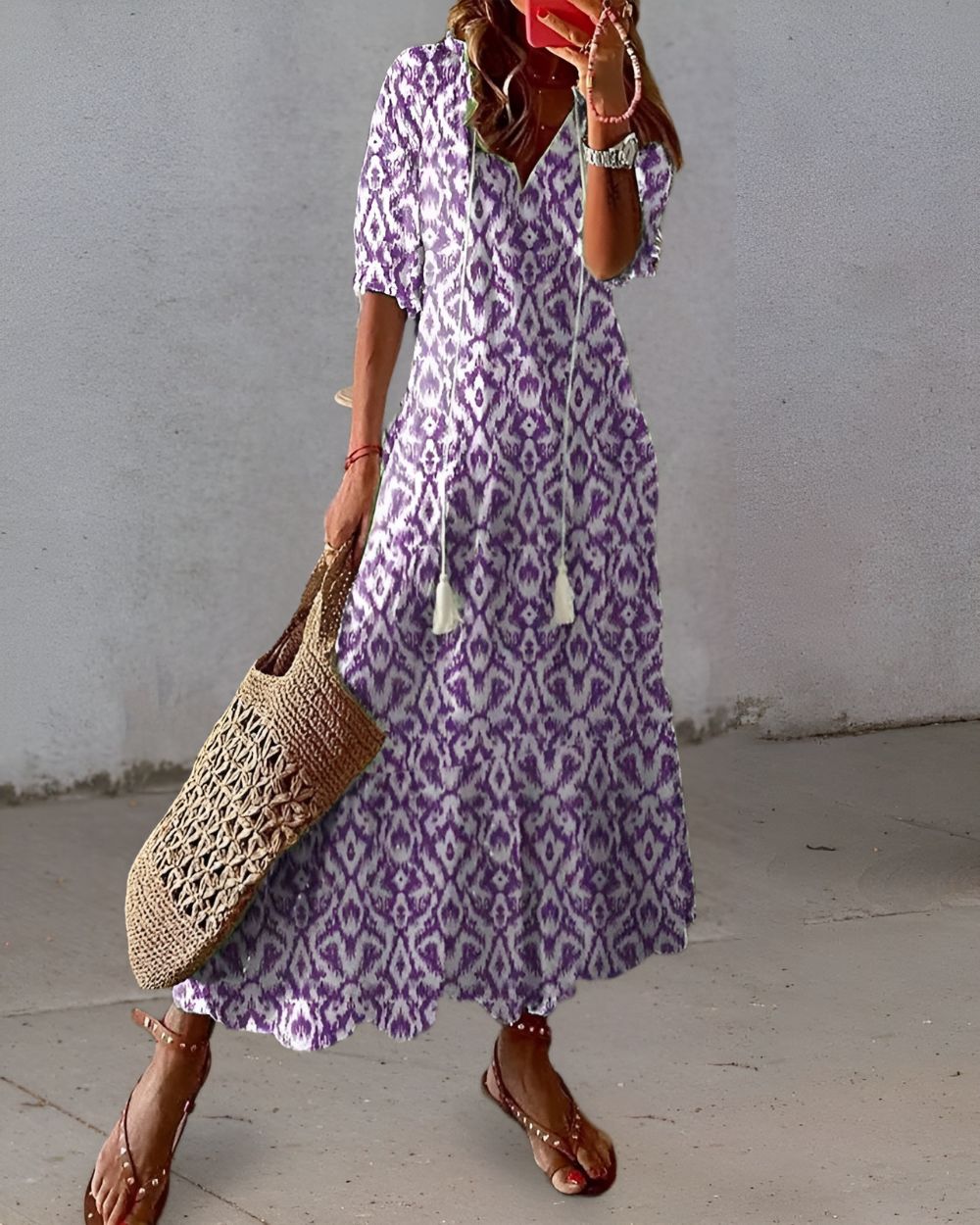 Ikat Print V-Neck Puff Sleeve Tiered Maxi Dress 3