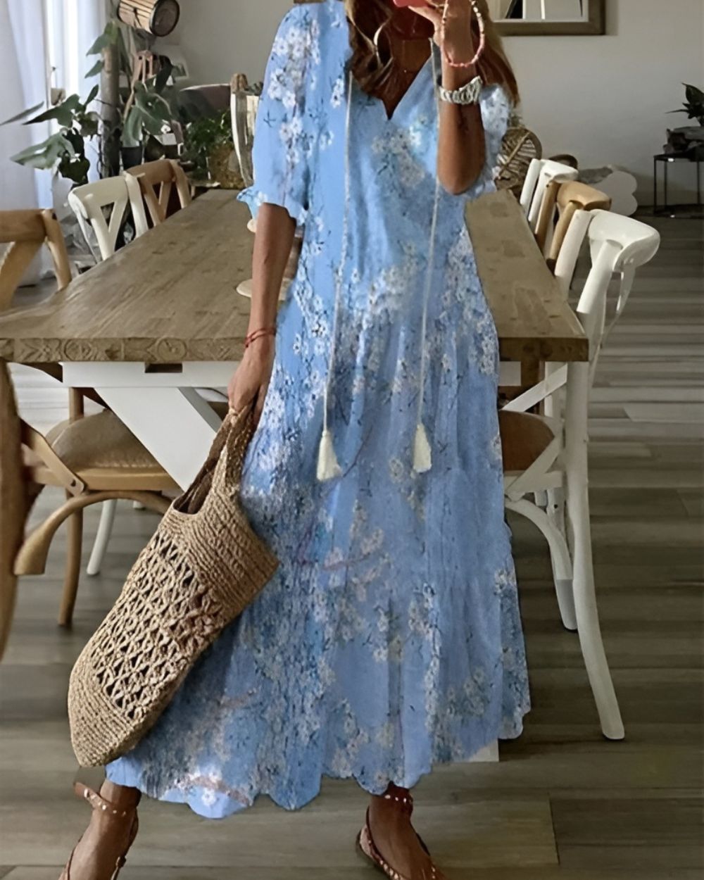 Ikat Print V-Neck Puff Sleeve Tiered Maxi Dress 4