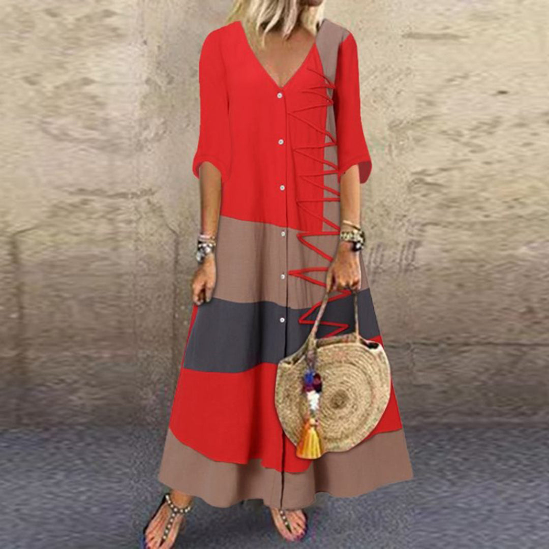 V-Neck Three Quarter Sleeve Button Front Lace Up Trim Maxi Dress