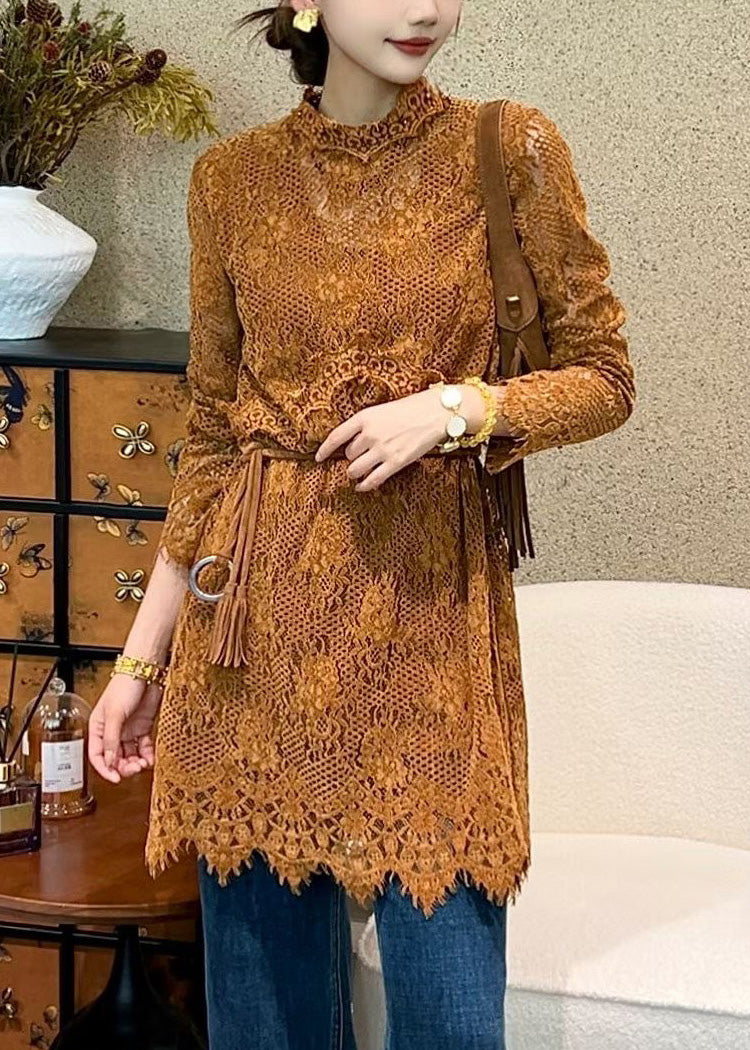 Orange Solid Tie Waist Lace Mini Dresses Hollow Out - View 3