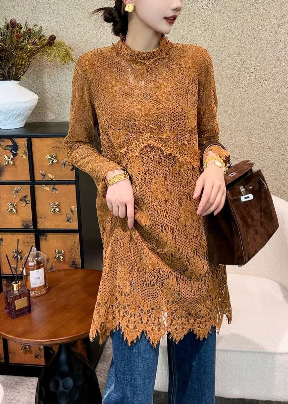 Orange Solid Tie Waist Lace Mini Dresses Hollow Out - View 4