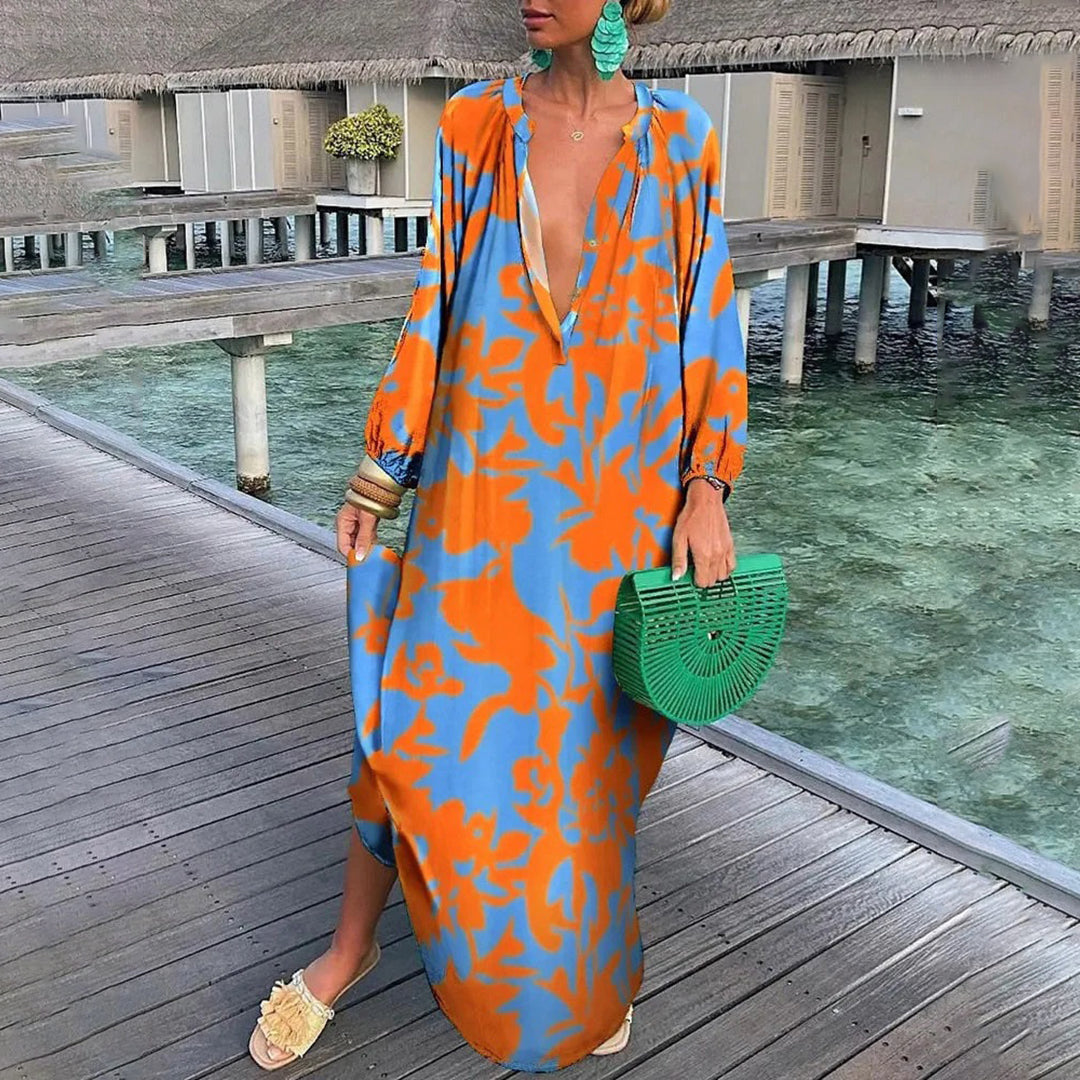 Abstract Swirl Print Deep V-Neck Balloon Sleeve Kaftan Maxi Dress - View 2