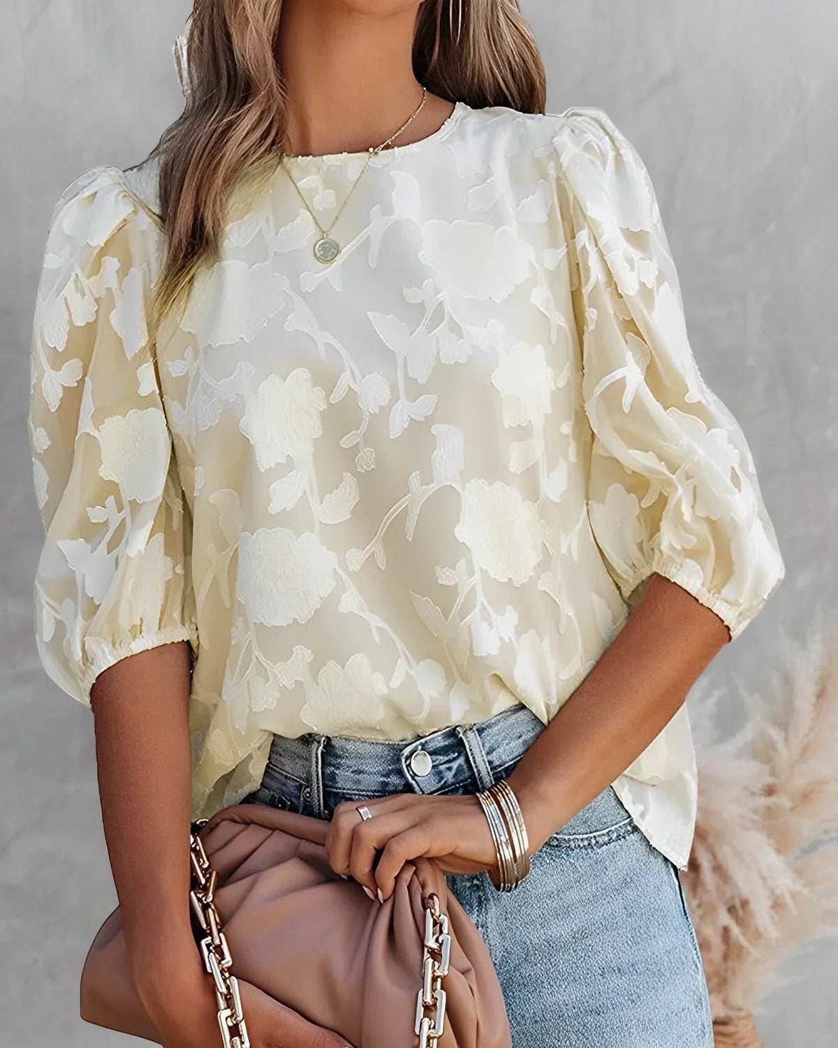 Floral Textured Puff Sleeve Round Neck Blouse 8