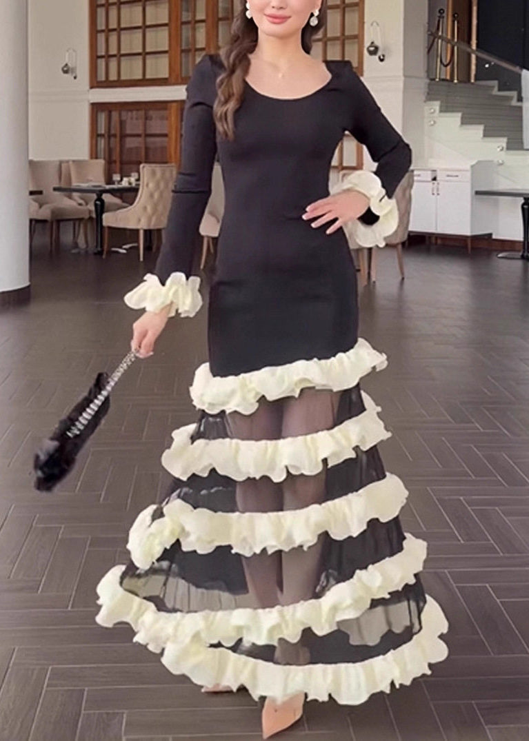 Organic Black White Striped O-Neck Ruffled Knit Patchwork Dress - View 2