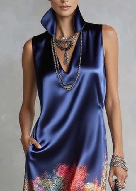 Satin High Collar Deep V-Neck Sleeveless Abstract Midi Dress - View 2