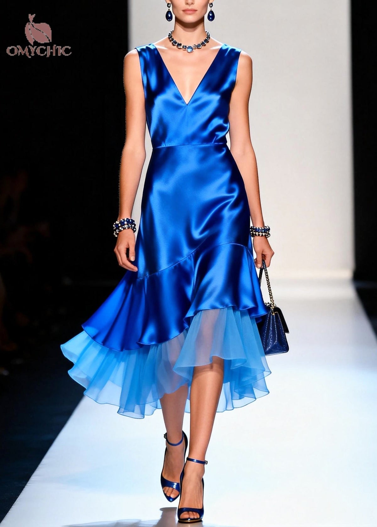Sleeveless V-Neck Floral Satin Asymmetric Tiered Chiffon Midi Dress - View 5