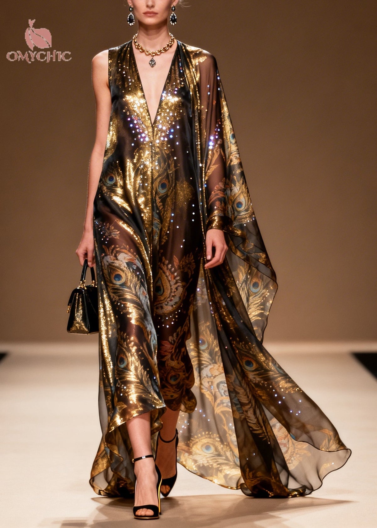 Peacock Print Sequin Deep V-Neck One Shoulder Cape Maxi Gown - View 3